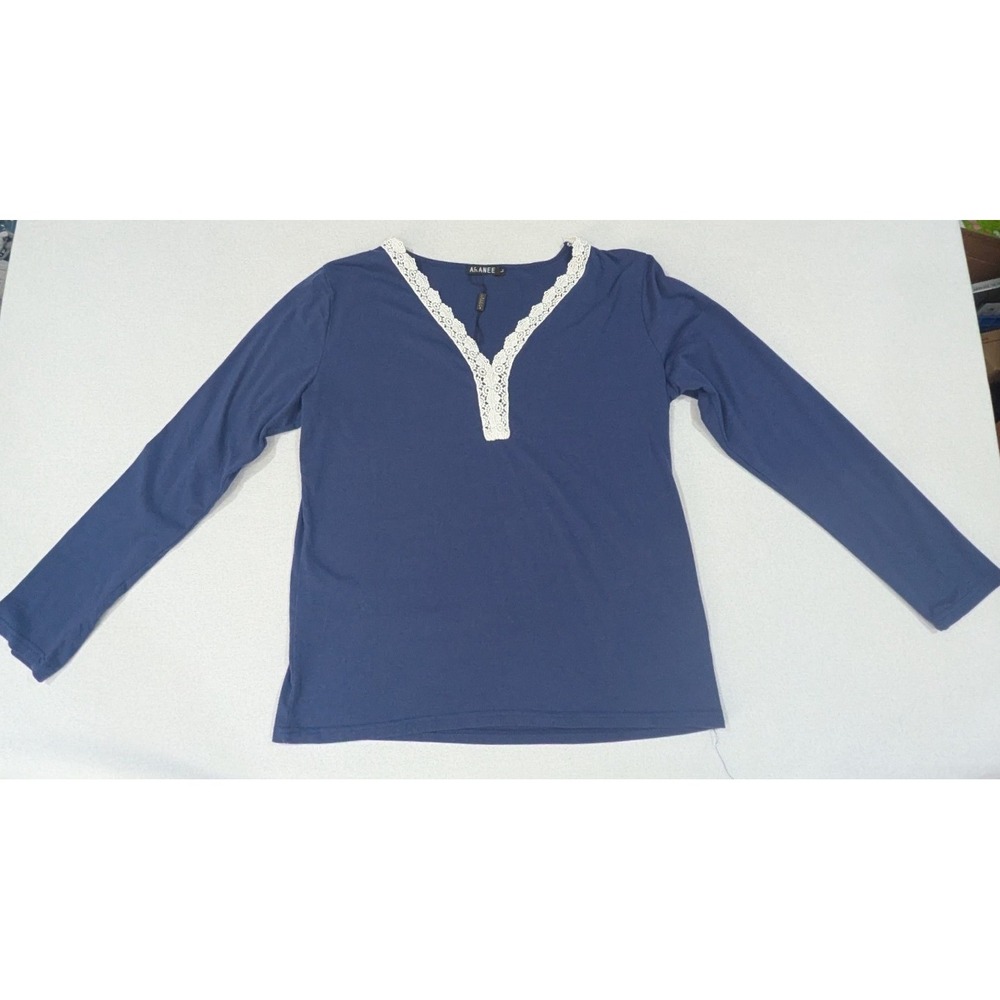 Aranee Top Women Large Navy Blue New Lace Trim V-Neck Long Sleeve Cotton Blend